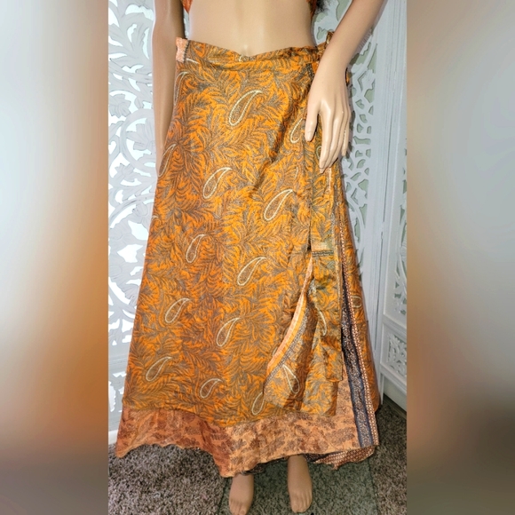 Exotic Boho Silk Muted Gold & Blue Reversible Wrap Maxi Skirt - Picture 7 of 16